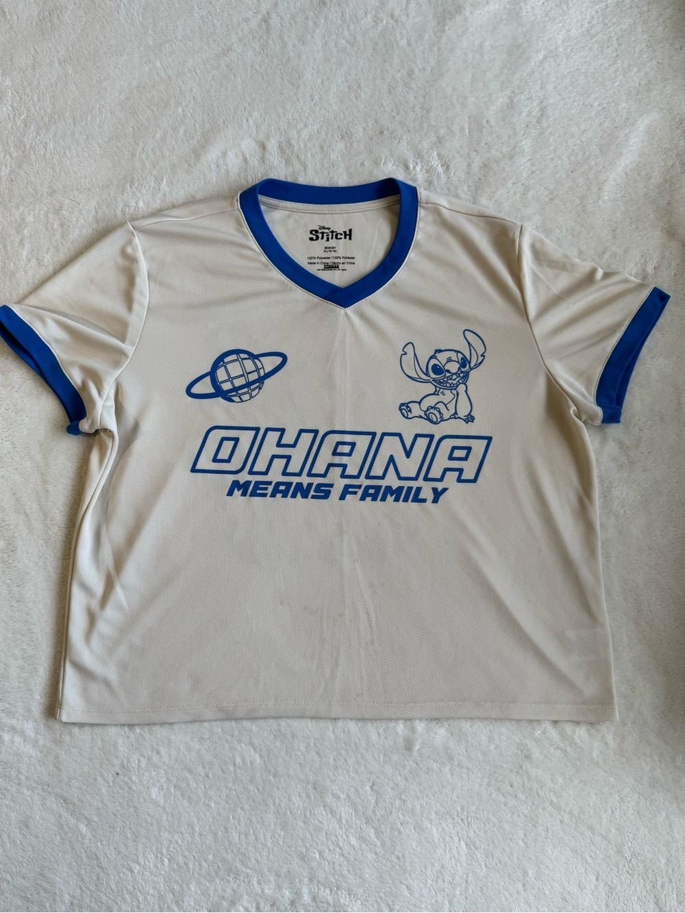 Disney Stitch Ohana Means Family Ringer Tee Shirt Cream Blue Kids XL 16-18